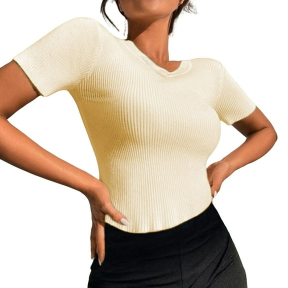 frariair women's t-shirts Women's Short Sleeve Crewneck T Shirt 2025 Summer Ribbed Knit Slim Fit Basic Solid Color Tee Tops Beige