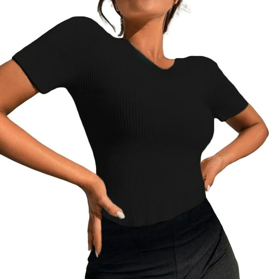 frariair women's t-shirts Women's Short Sleeve Crewneck T Shirt 2025 Summer Ribbed Knit Slim Fit Basic Solid Color Tee Tops Black