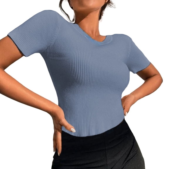 frariair women's t-shirts Women's Short Sleeve Crewneck T Shirt 2025 Summer Ribbed Knit Slim Fit Basic Solid Color Tee Tops Blue