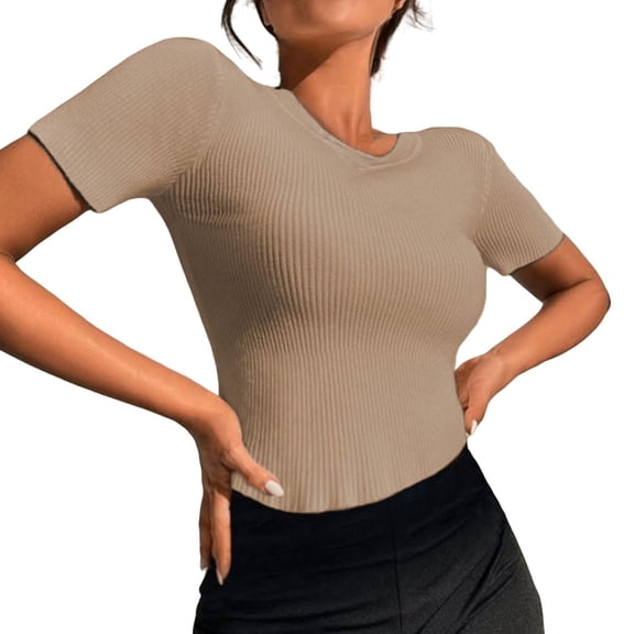 frariair women's t-shirts Women's Short Sleeve Crewneck T Shirt 2025 Summer Ribbed Knit Slim Fit Basic Solid Color Tee Tops Khaki