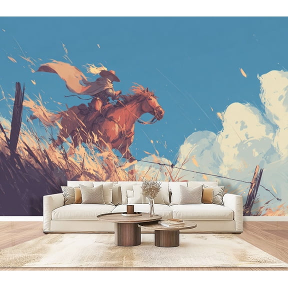 freedom Horse Motion cowboy Wallpaper Blue Sky wild west western retro Peel and Stick Wall Murals 100"H x 144"W Removable PVC Wall Paper Self-Adhesive Wall Decor for Bedroom Living Room