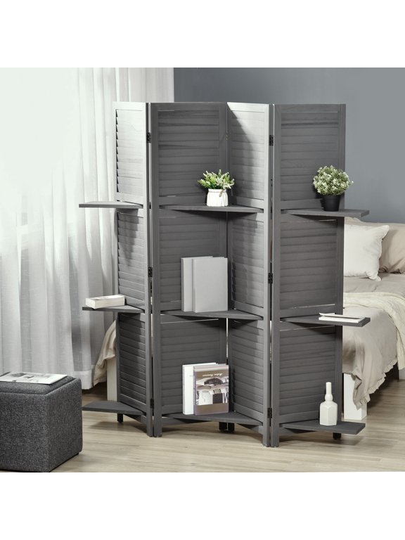 freestanding room divider with storage shelves 4 panel folding privacy screen 5.6 ft tall paulownia wood gray for bedroom office