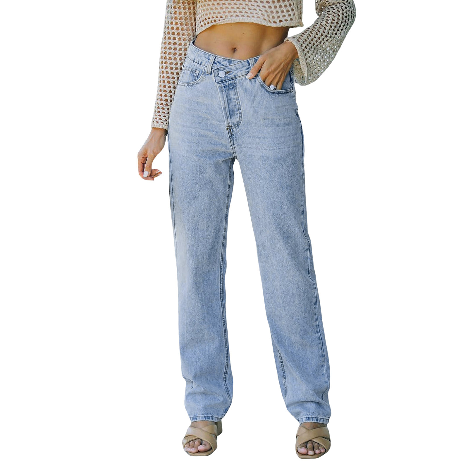 Frehsky jeans for women women irregular waist casual high waisted straight leg bottom jeans pants straight leg jeans for women light blue, Women's,