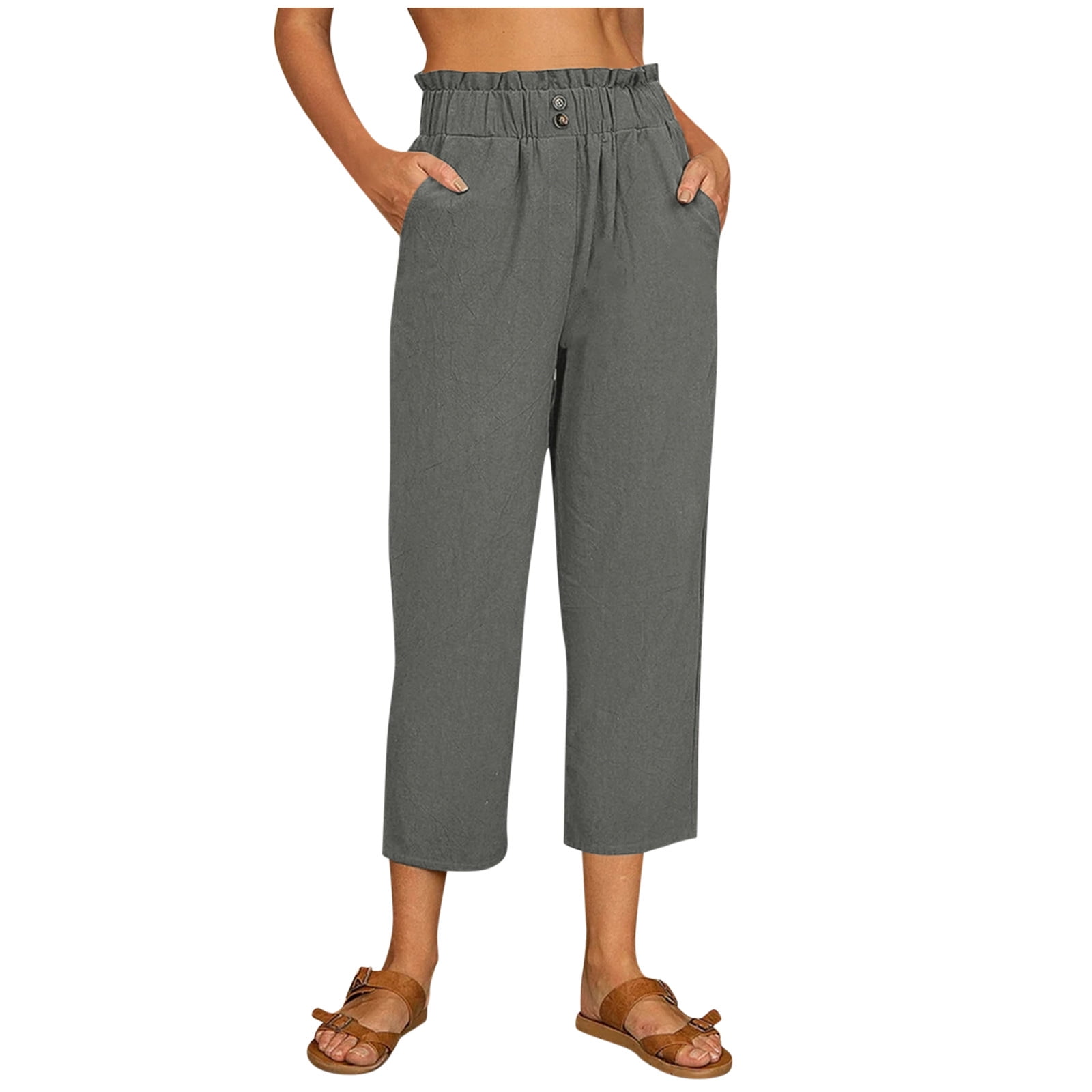 Frehsky pants for women Womens Casual Loose Pants Comfy Work Pants Pockets  Elastic High Waist Pants Grey