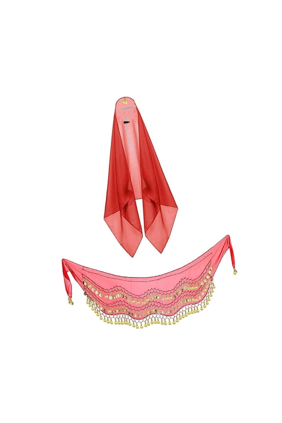 Belly Dancing Skirt and Head Scarf Adjustable Belly Dance Outfit with Sequin Tassels for Festival Nightclub Stage Performance Red