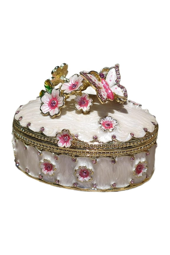 Cherry Blossoms Jewelry Box Enamel Trinket Box Collectible Jewelry Organizer White