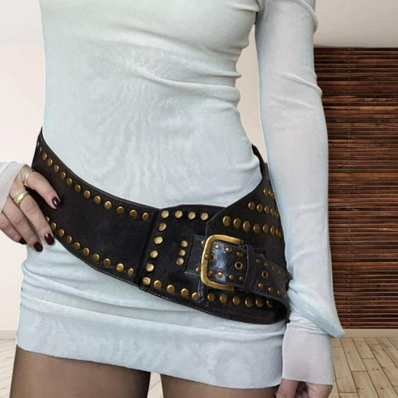 freneci Women Wide Belt Casual Gothic Belt Costume Accessories Decorative Dress Belt Black
