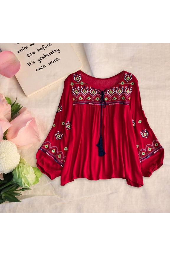 Women's Mexican Embroidered Tops Bohemian Blouse for Vacation Shopping Party Red