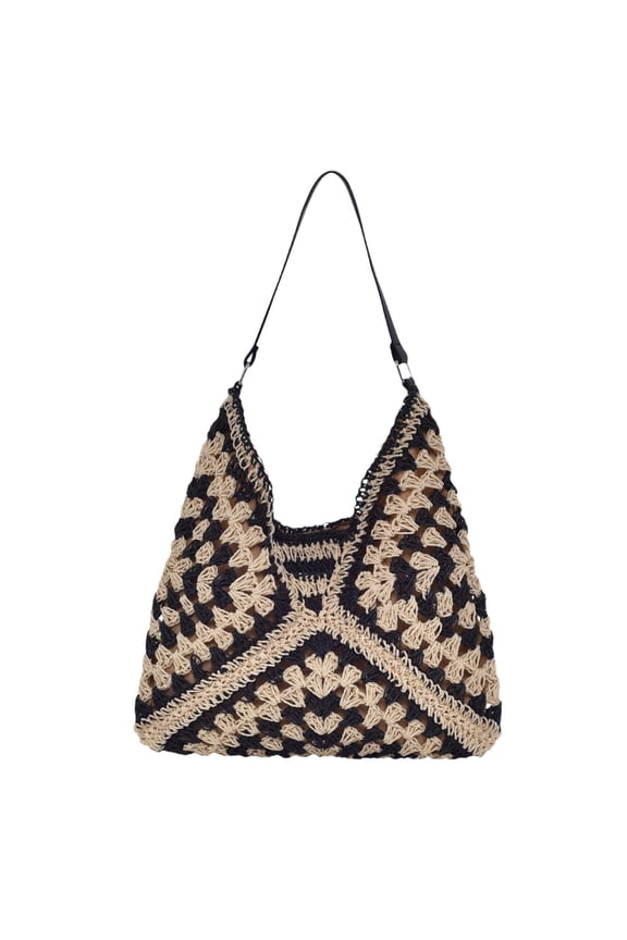 Woven Shoulder Bag Fashion Large Vintage Weave Handbag for Travel Work Beach Black Beige