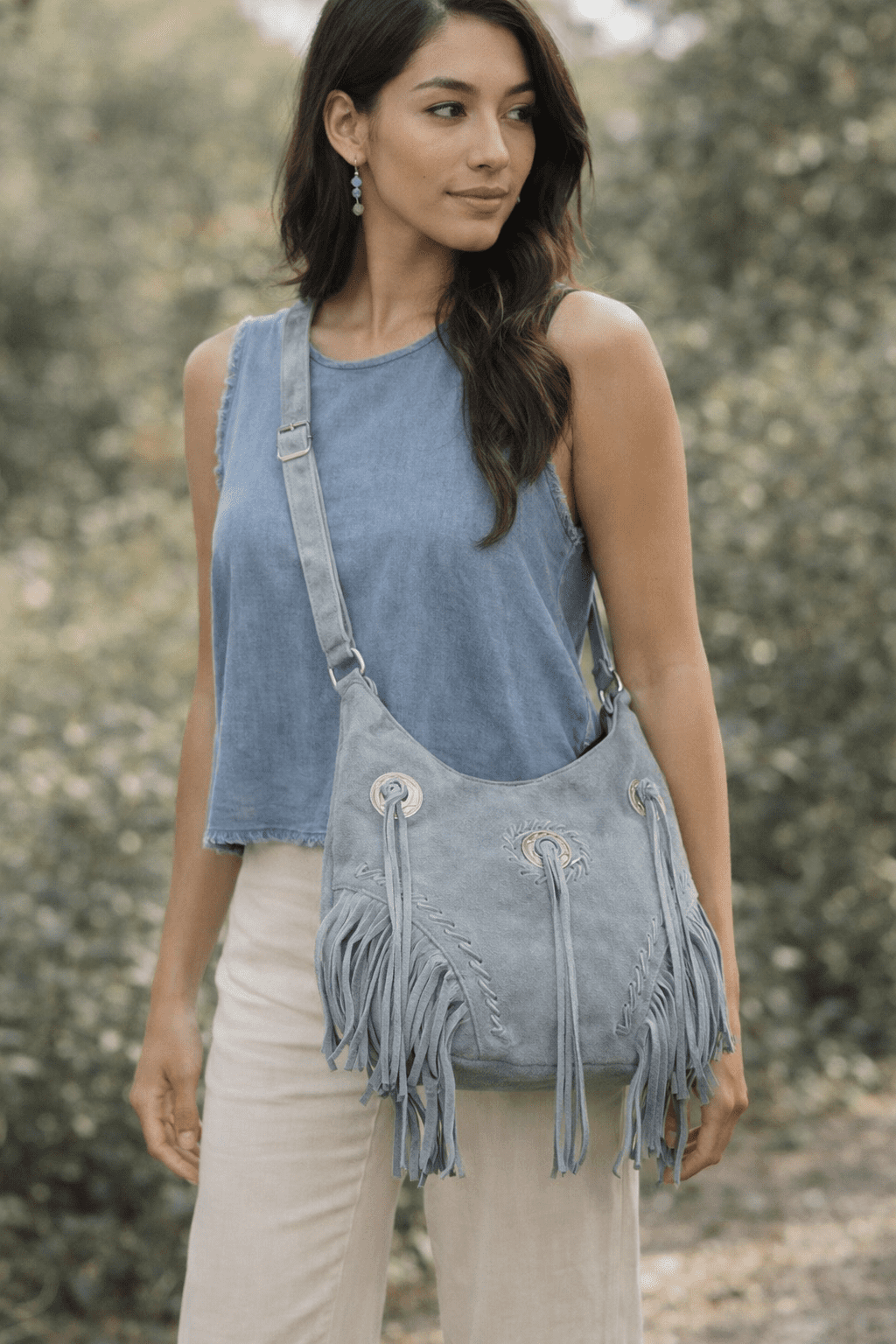 Fringe Suede Leather Purse Bag Cross Body Shoulder Straps Southwest Cabochon~Gray