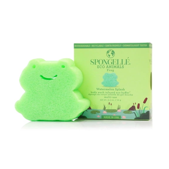 SPONGELLÉ Eco Kids Buffer Body Wash Sponge, Travel-Size Frog-Shaped Loofah Bath Sponge