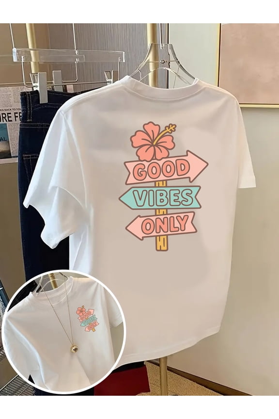 front and back bandana pattern t shirt positive energy printed womens round neck casual short sleevefabric top essential for women