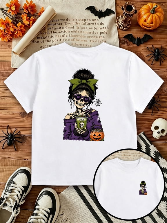 front and back print short sleeve t shirt skull halloween fashion print womens t shirt item for weekend dates dinners travel for drivers