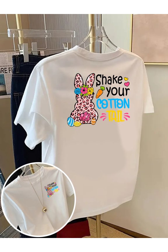 front and back with patterned t shirt swinging rabbit tail easter womens round neck casual short sleevesfabric top must have for women