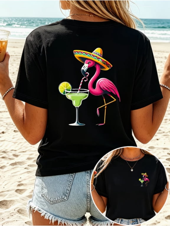 front and back printed short sleeve mexican style flamingo womens round neck t shirt casual trendy short sleeve casual top for summer and spring womens clothing