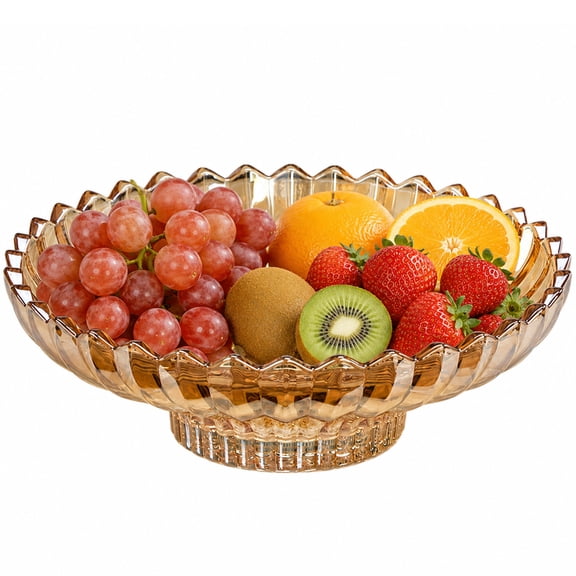 Decorative Glass Fruit Bowl, Striped Amber Design, 12.6 x 4.3 in | Thickened Crystal Glass, Wide Stable Base, Easy to Clean Surface, Versatile Centerpiece Decor, Ideal Gift Choice
