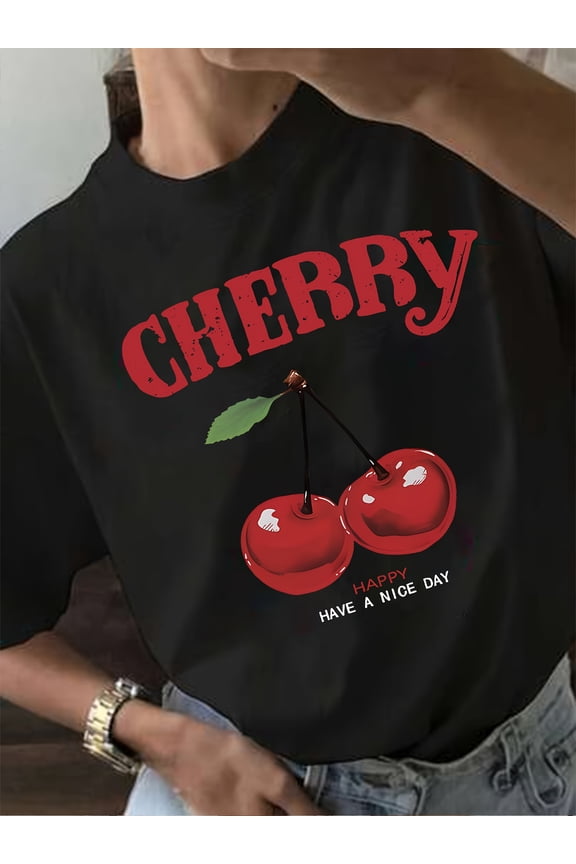 fruit&cherry graphic print t-shirt, short sleeve crew neck casual top for summer & spring, Women's clothing