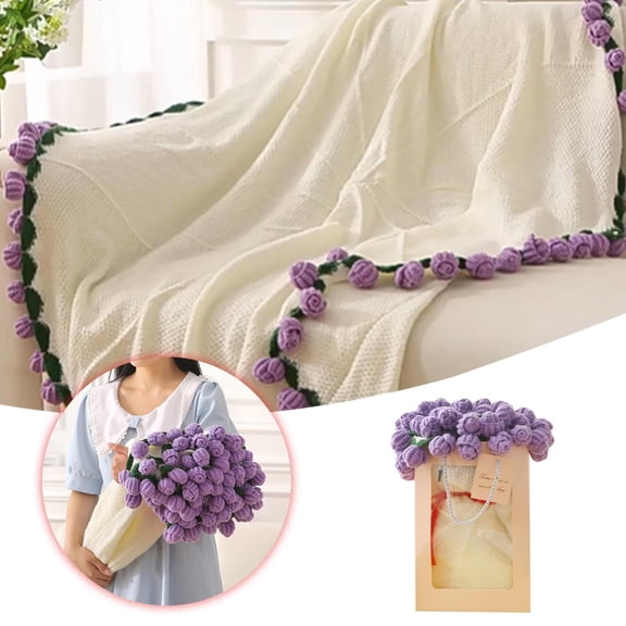 fsxdhpcsgfc 1PC Valentine 24'' Crochet Rose Blanket Bouquet Finished Handmade Knitted Throw Blanket Home Décor Ideal For Mom Day Birthday Valentine's Day (Purple Heat And Cool Blanket Warm Soft