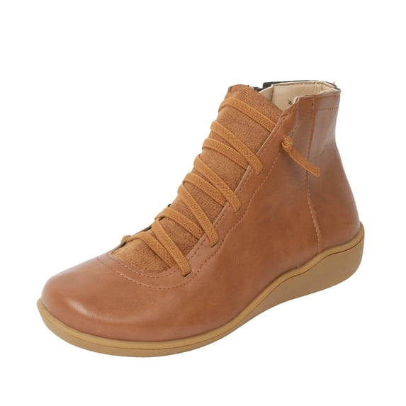 fukaraa Fashion Retro Solid Color Leather Flat Ankle Boots for Women Lace Up Slip On Low Heels Short Boots