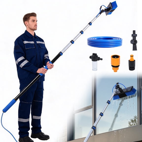 fukursul 15/20FT Telescopic Solar Panel Cleaning Kit with Hose Attachment, 180-degree Rotating Soft Brush & Soap Dispenser, Lightweight Aluminum Pole for High-Reach Window, RV & Outdoor Cleaning