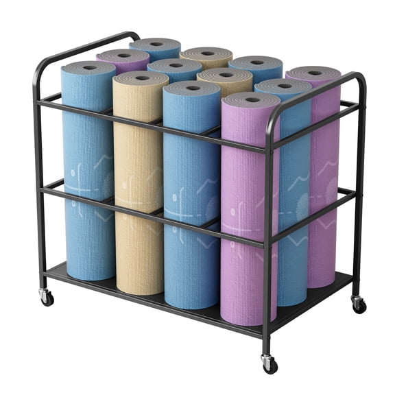 fukursul Yoga Mat Storage Rack Basket Workout Equipment Home Gym Storage Rack with Wheels Yoga Mat Holder Exercise & Fitness Organizer for Resistance Bands Yoga Blocks Foam Roller