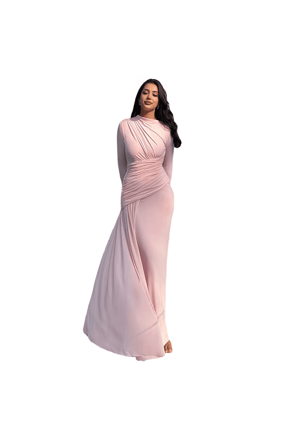 fulll sleeves pleated floor length formal party gowns long pink prom dress