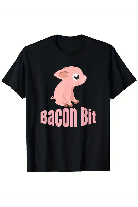 The funny bacon bit pot belly pig. T-Shirt National Bacon Enthusiasts Day T-shirt 100% Pure Cotton Gift For Men Women Dad Mom and Friends Large Sizes Are 1XL-5XL Black 180g