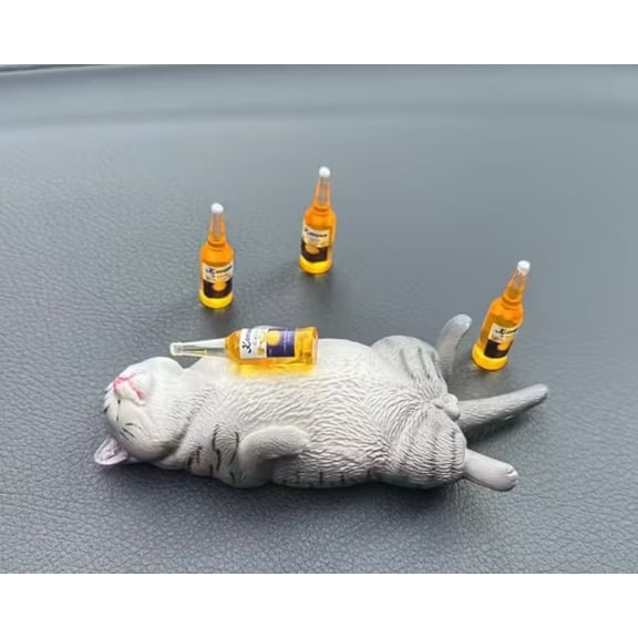 A funny and cute model featuring a random cat and four random beer bottles; a drunken kitten figurine; a creative desktop animal model, a solid 3D statue.