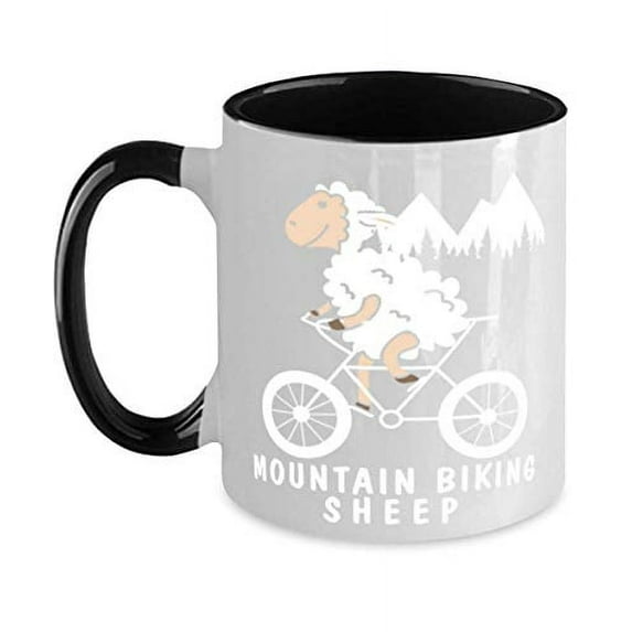 funny-cute-sheep-biking-in-town Two Tone Black and White Coffee Mug