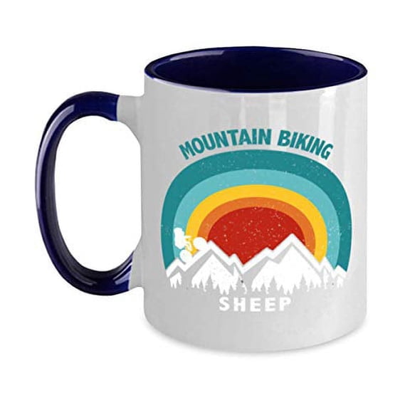 funny-vintage-mountain-biking-sheep-sunset Two Tone Navy and White Coffee Mug