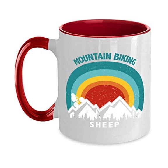 funny-vintage-mountain-biking-sheep-sunset Two Tone Red and White Coffee Mug