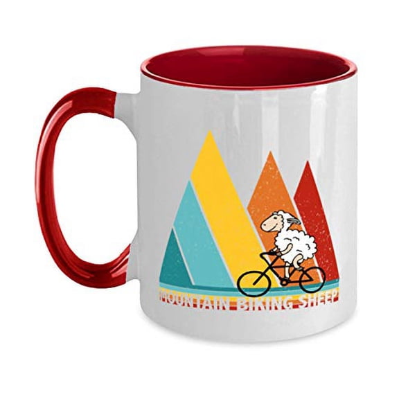 funny-vintage-sunset-mountain-biking-sheep Two Tone Red and White Coffee Mug