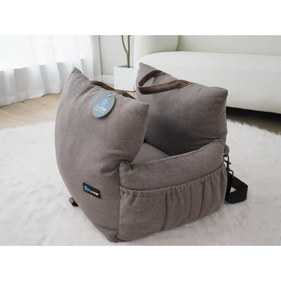 furMe Classic Pet Car Seat and Travel Bed - Foldable Brown Pet Bed with Top Holders and Pockets, Pet Car Seat with Removable and Washable Cover