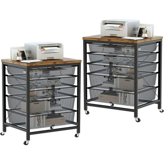 furlinkhm 2 Piece Rolling File Storage Cabinet,5 Drawers Cart Organizer with Lockable Wheels,Mobile Office Printer Stand,Home Office Utility Cart,Rustic Brown & Black Mesh,Set of 2