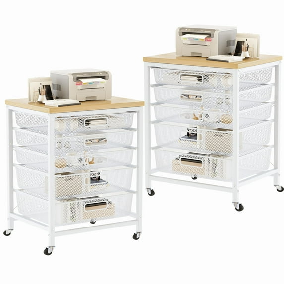 furlinkhm 2PCS Rolling File Cart with 5 Drawers, Mesh Organizer Cart Storage Drawers with Lockable Wheels,Mobile Utility Cart Printer Stand with Drawers for Home Office,Beige & White