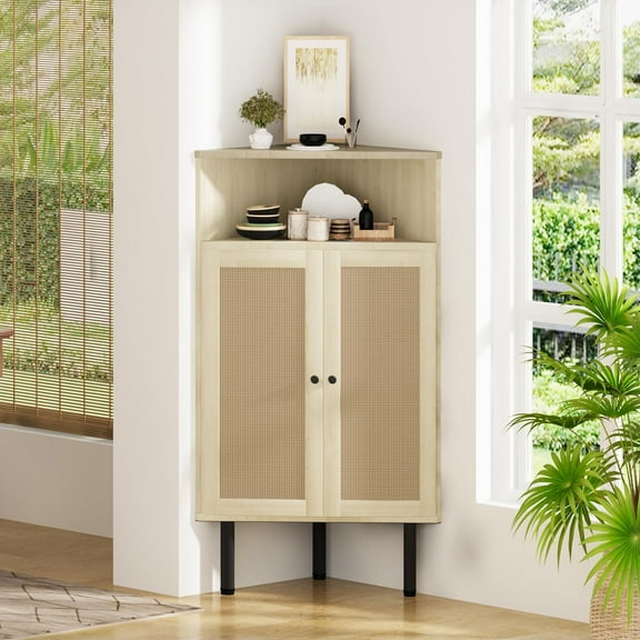 furlinkhm 4-Tier Corner Cabinet with Doors & Shelves, Rattan Freestanding Bar Storage Cabinet, Corner Table for Small Spaces, Living Room, Kitchen, Bathroom (Natural)