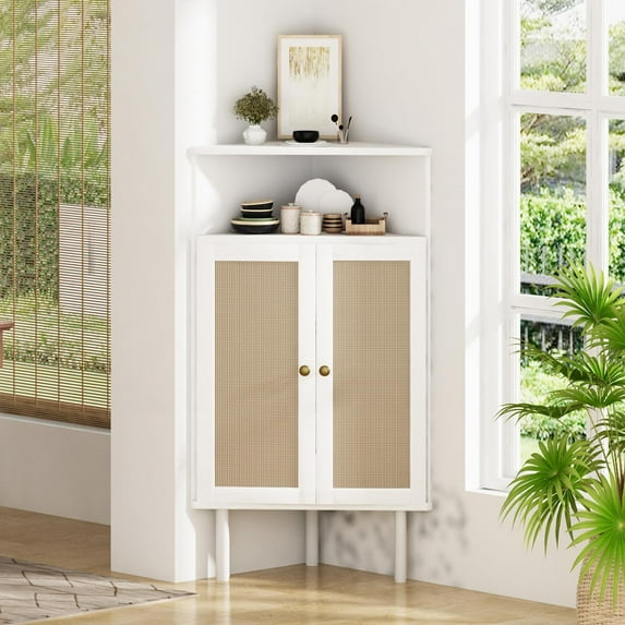 furlinkhm 4-Tier Corner Cabinet with Doors & Shelves, Rattan Freestanding Bar Storage Cabinet, Corner Table for Small Spaces, Living Room, Kitchen, Bathroom (White)
