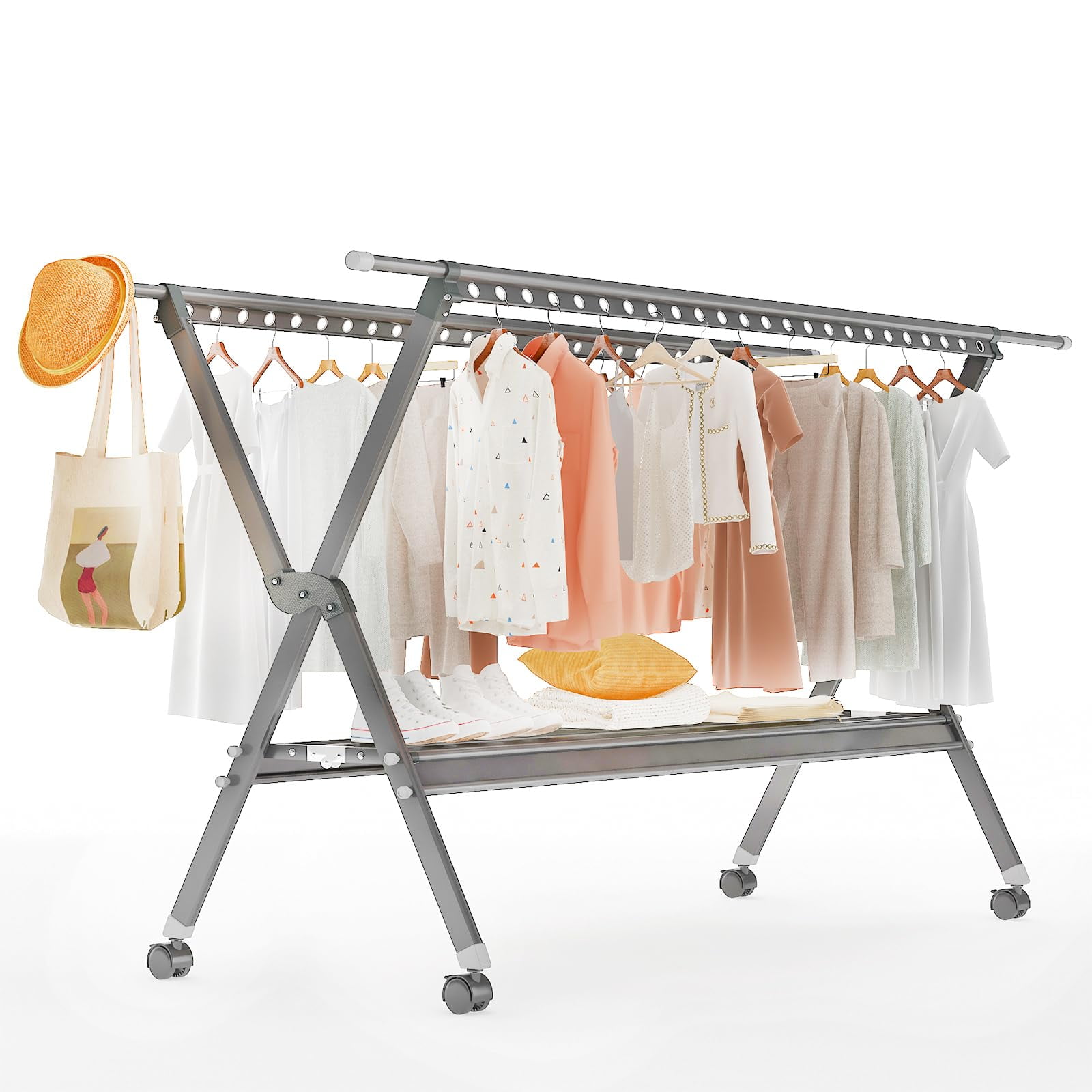furlinkhm Clothes Drying Rack with Wheels,Clothing Folding Aluminum ...