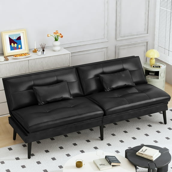 furlinkhm Convertible Futon Sofa Bed,70" Futon Sofa Bed,Adjustable Futon Couch,Faux Leather Futon Sofa Couch,Comfy Futon Couch Bed with 2 Square Pillows,for Living Room, Apartment,Office (Black)