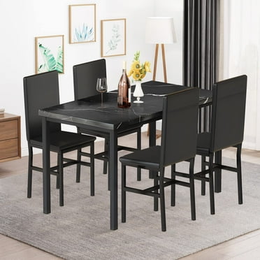 furlinkhm Dining Table Set for 4, Faux Marble Table with 4 PU Leather Chairs, 5-Piece Kitchen & Dining Room Sets, Small Kitchen Table and Chairs for Dining Room, Kitchen, Black
