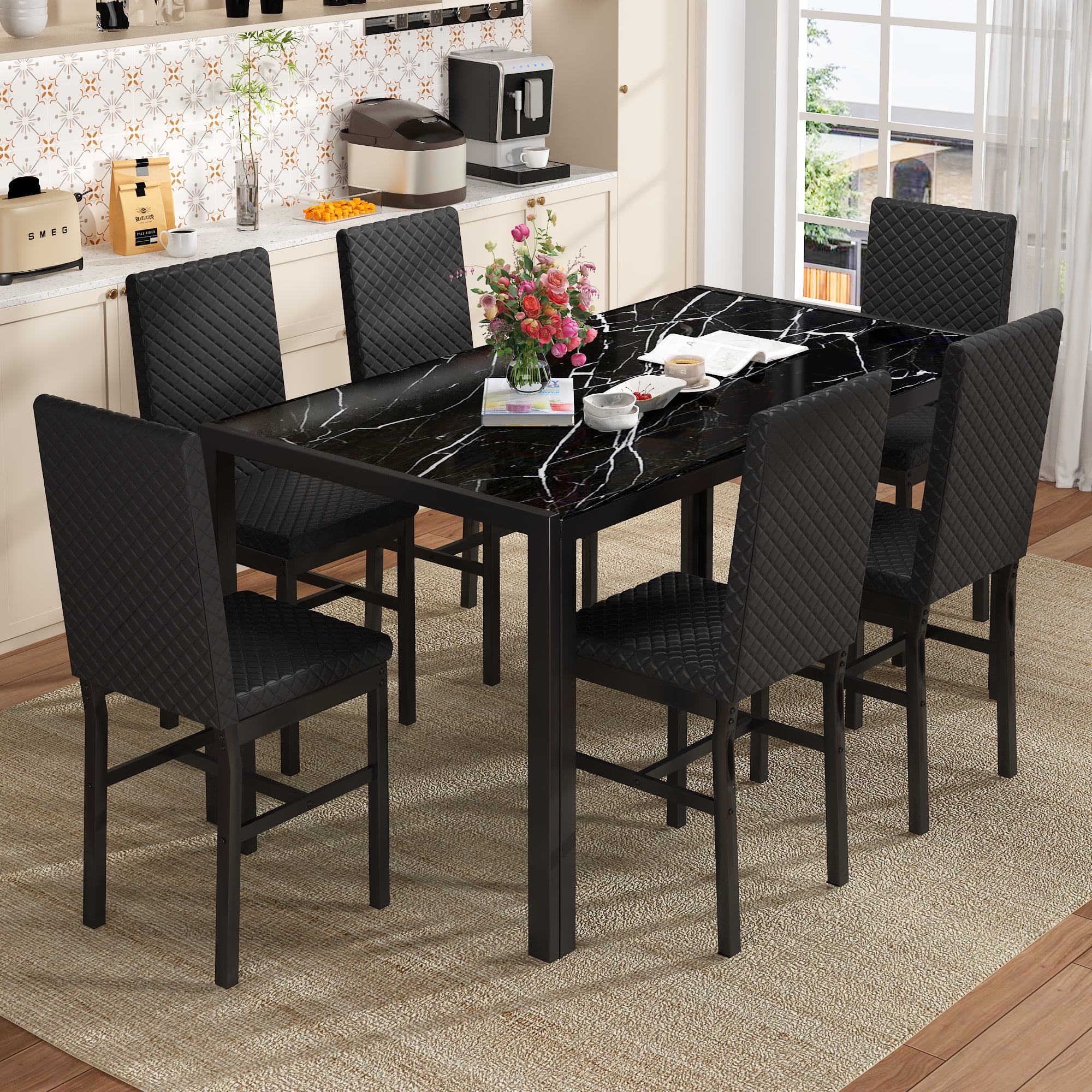 furlinkhm Dining Table Set for 6 Modern Farmhouse, Glass and Faux ...