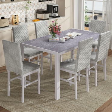 furlinkhm Dining Table Set for 6 Modern Farmhouse, Glass and Faux Marble Dining Table Set for 6 Modern, Rectangular Dining Table Set for 6, Small Space, PU Leather Chairs, Gray