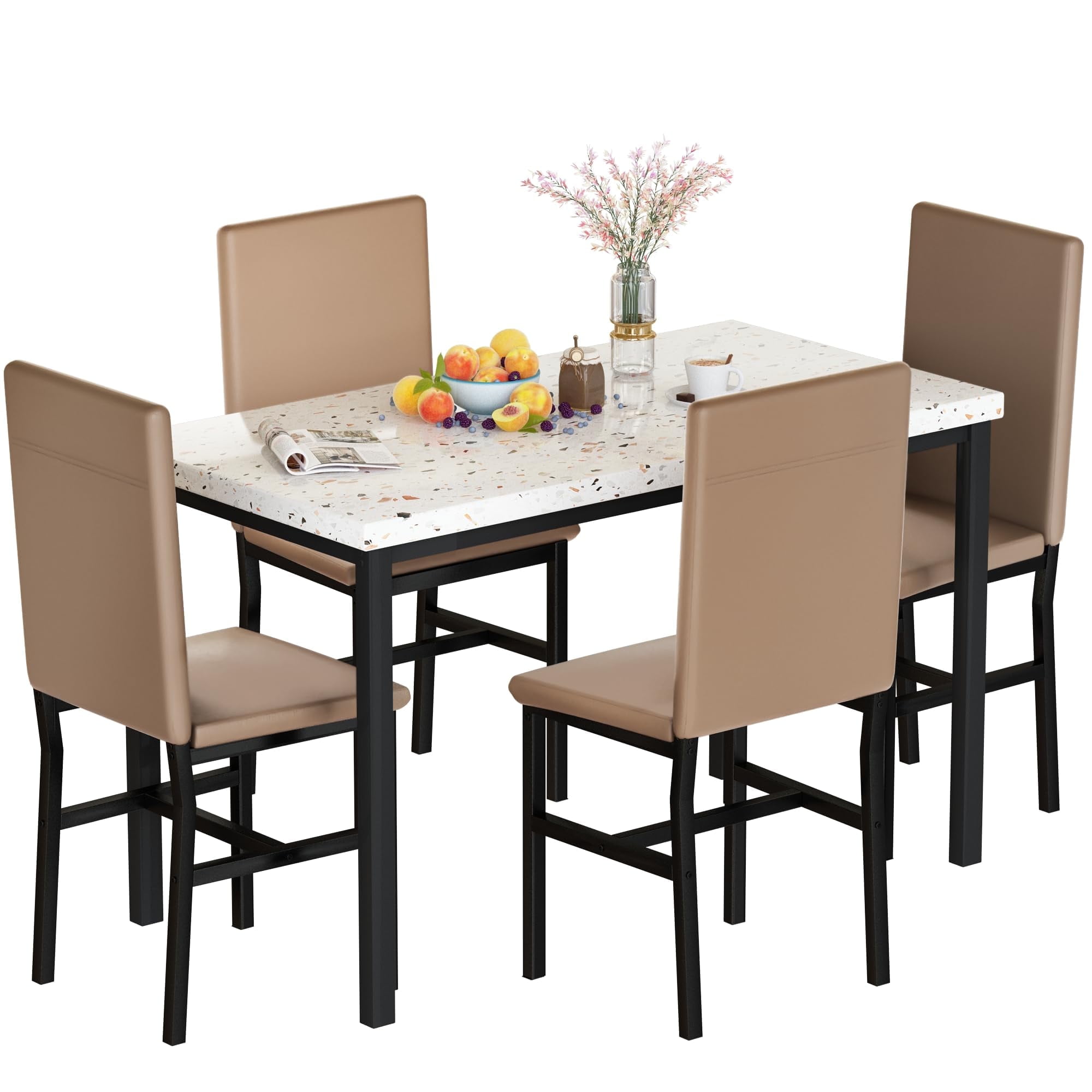 furlinkhm Faux Marble Dining Table Set for 4 with 4 PU Leather Chairs ...