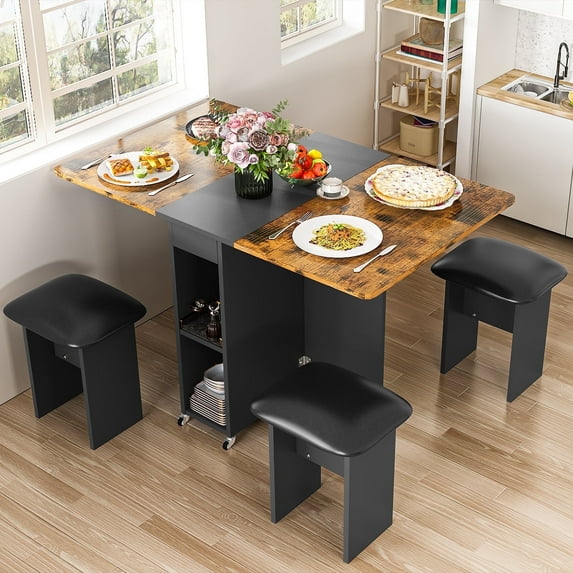 furlinkhm Folding Dining Table Set for 4, Dinner Table with 4 Leather Chairs and Shelves, Space Saving Foldable Dining Table with 6 Wheels, Kitchen Table Set for Small Spaces (Brown+Black)