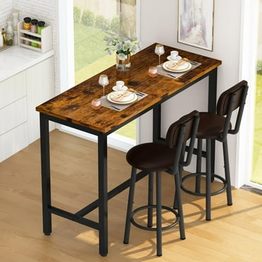 furlinkhm Industrial Pub Height Table with 2 PU Upholstered Stools,3-Piece Kitchen Table and Chairs,Suit for Dining Room & Living Room & Breakfast Nook & Bistro,Bar Table Set for 2,Brown & Black