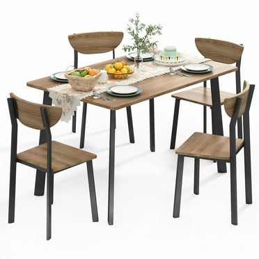 furlinkhm Kitchen Dining Table Set for 4, Modern Rectangular 5 Piece Dining Room Table and Chairs Set, Brown Wooden Metal Table Set for Family Dinner, Party, Afternoon Tea and Work (Curved Moon)