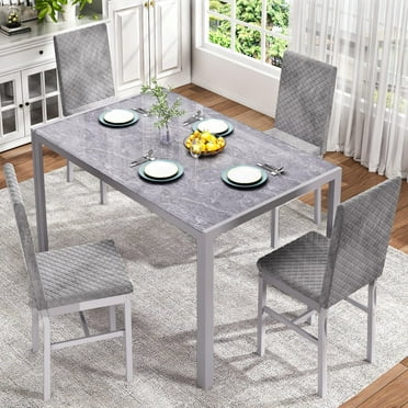 furlinkhm Kitchen Glass Dining Table Set for 4, Modern Marble 5 Piece Dining Room Table and Chairs Set, PU Leather Table Set for Family Dinner, Party, Afternoon Tea and Work (Grey)