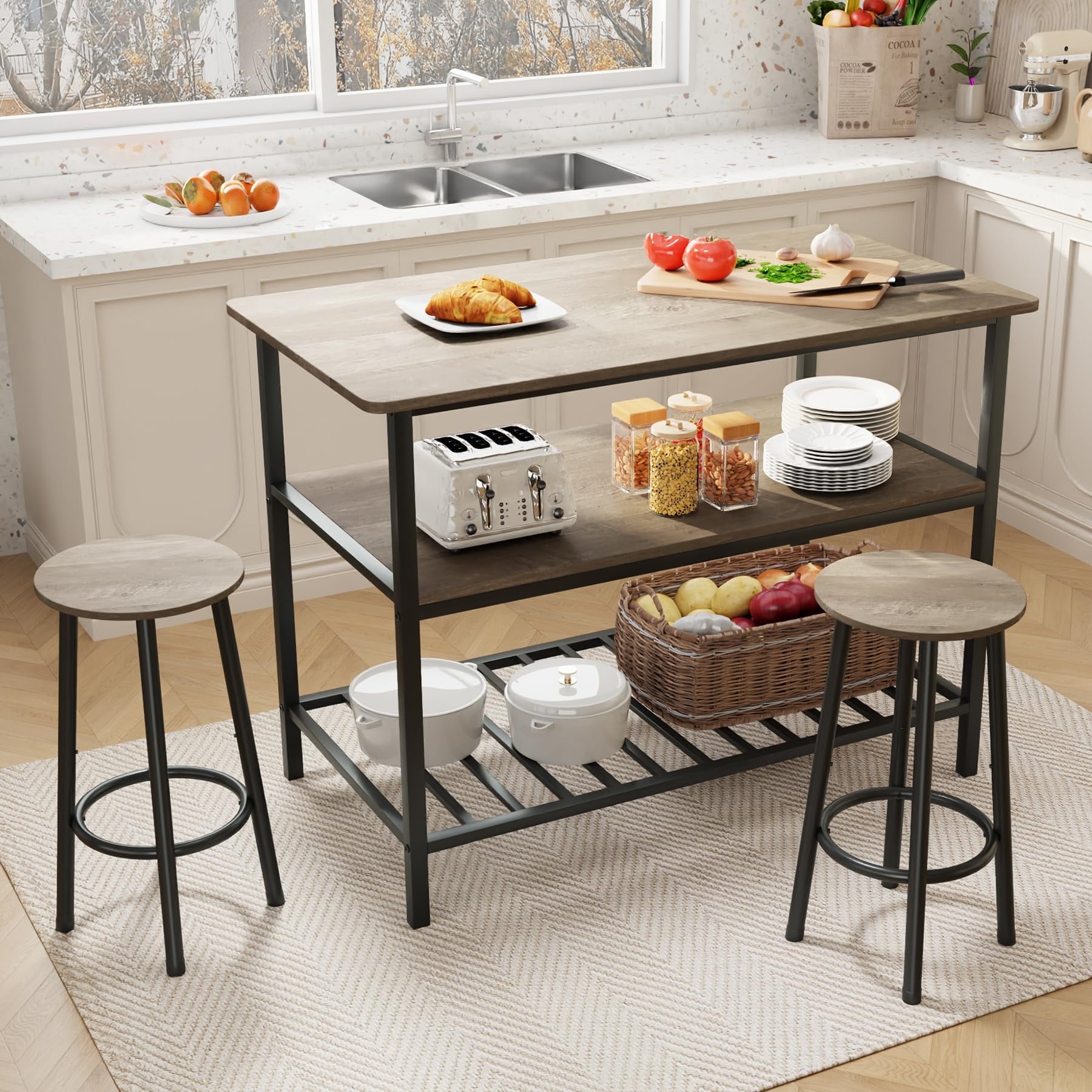 furlinkhm Kitchen Island Table Set, 3 Piece Kitchen Island with Seating ...