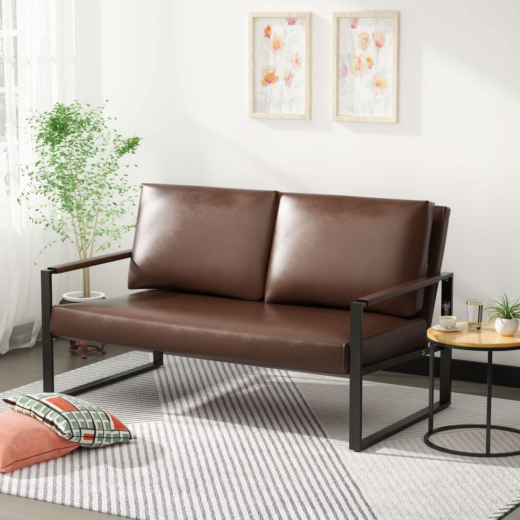 Lamerge Modern 2-Seater Loveseat Sofa - Faux Leather Upholstery, Mid-Century Design With Metal Legs, Yellowish Brown