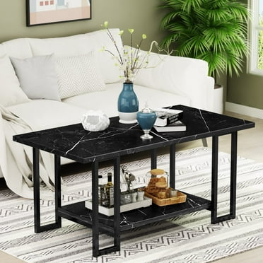 furlinkhm Marble Coffee Table, Faux Marble Top Rectangular Coffee Table with Black Metal Frame, 2 Tier Table for Living Room, Office, Balcony, Black, 40 Inch